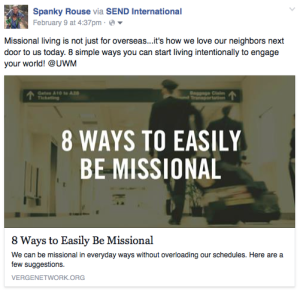 This is my fb post regarding missional living. you can read it by going to my Facebook page, https://www.facebook.com/spanky.rouse